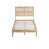 Queen Size Rubber Wooden, Solid Wooden Bed with Rattan Headboard, Enhanced by Support Feet